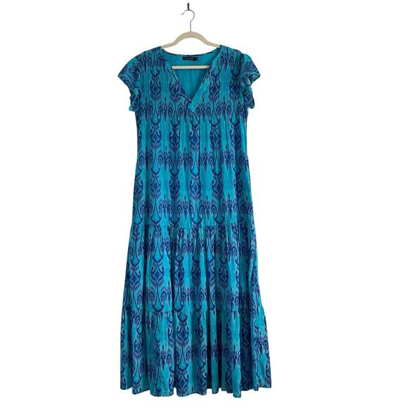 La Plage Bailey Tiered Maxi Dress Cotton Batik Leaf Blue coastal Boho Size XS - Picture 2 of 11